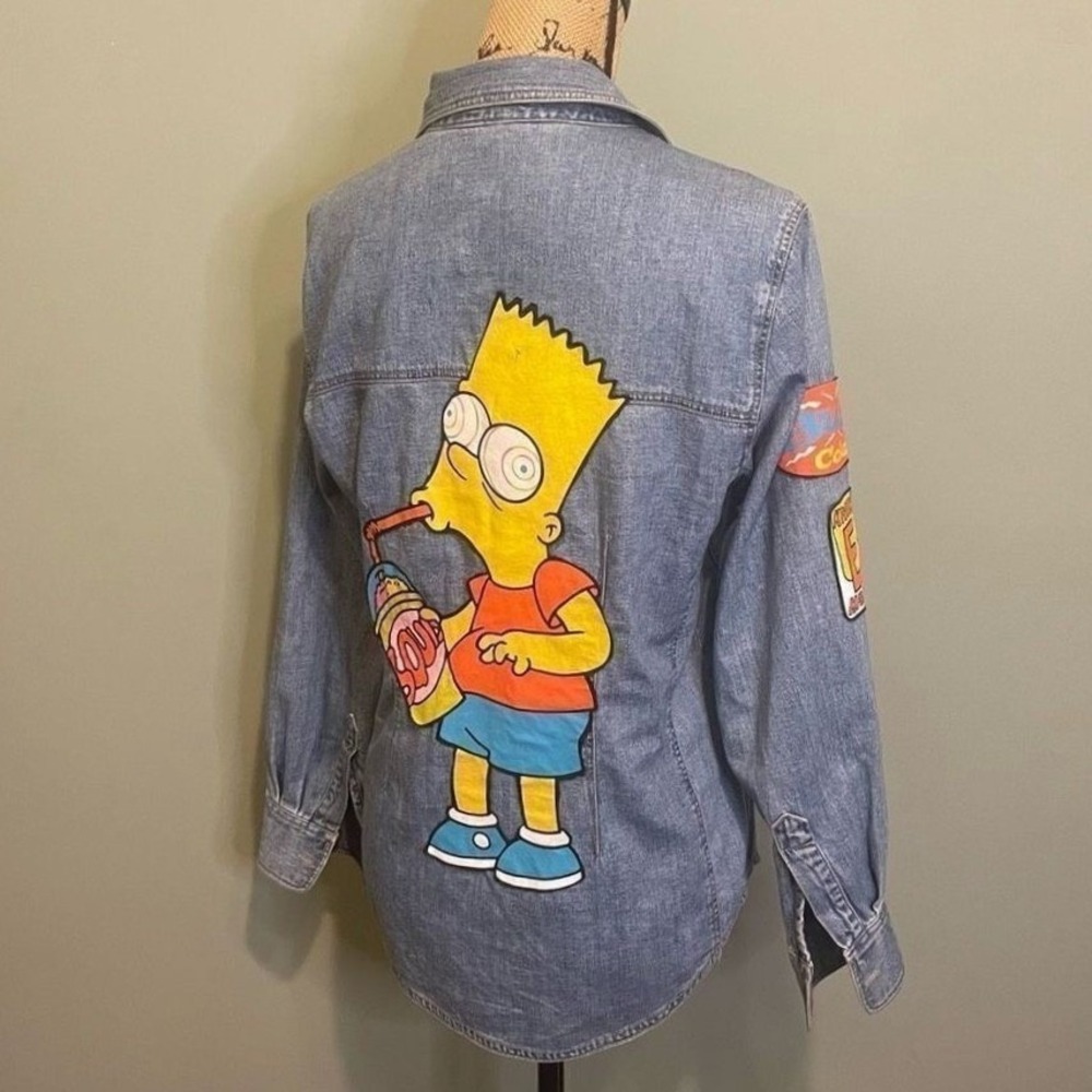 Handmade Upcycled Vtg Bart Simpson Psychedelic Patchwork Denim Jacket‎ Blue M
